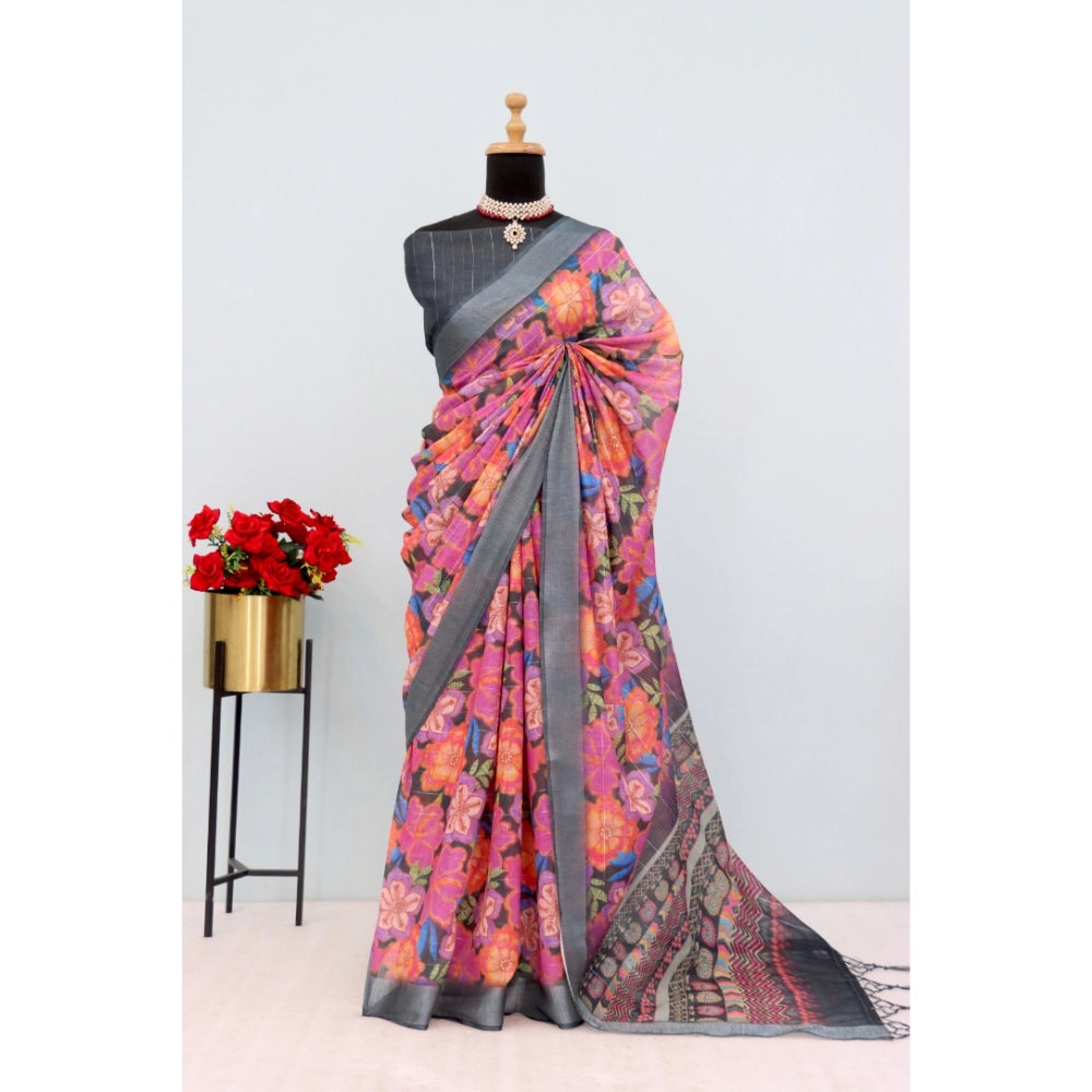 Women's Linen Digital Print Saree With Unstitched Blouse 5.5Mtr (Grey)