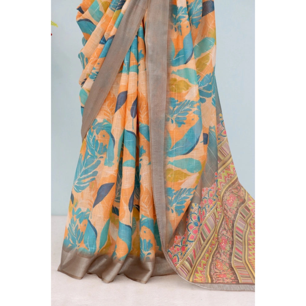 Women's Linen Digital Print Saree With Unstitched Blouse 5.5Mtr (Green)