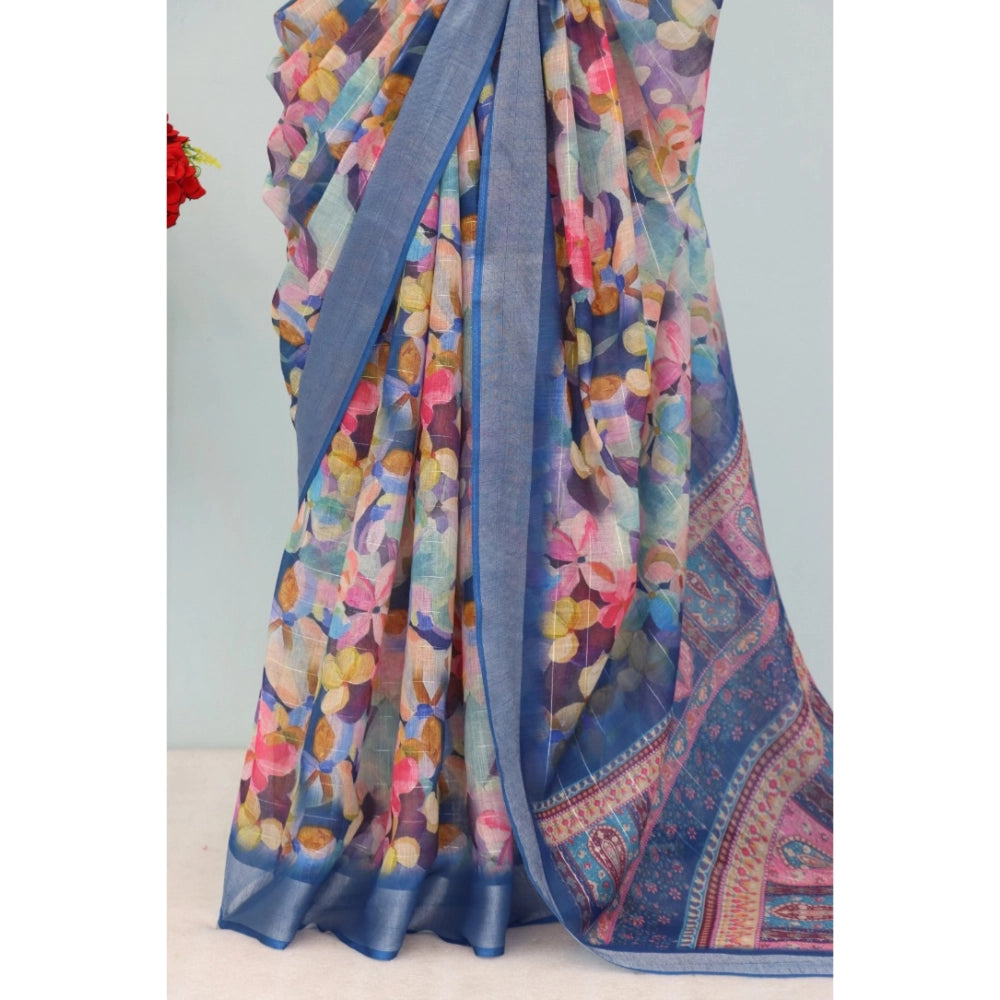 Women's Linen Digital Print Saree With Unstitched Blouse 5.5Mtr (Blue)