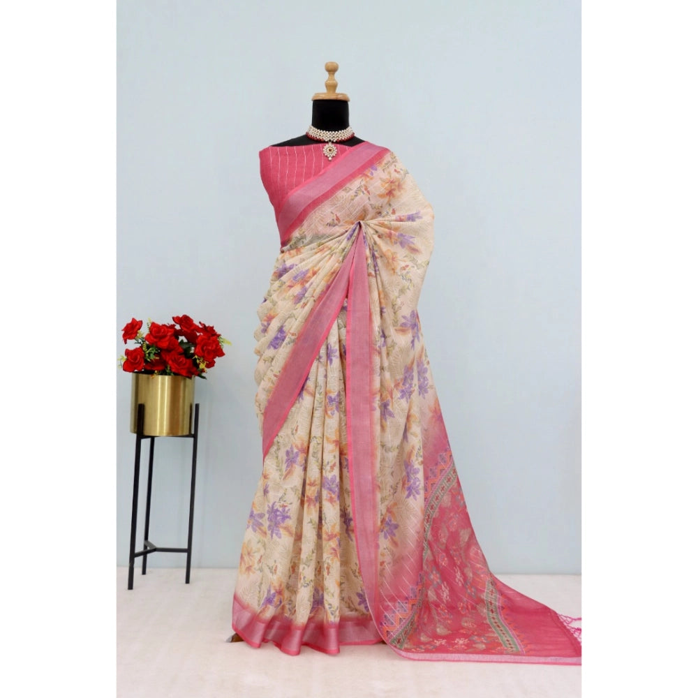Women's Linen Digital Print Saree With Unstitched Blouse 5.5Mtr (Pink)