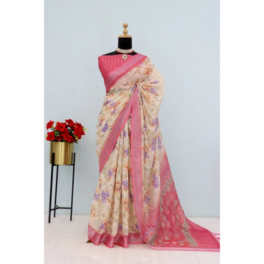 Women's Linen Digital Print Saree With Unstitched Blouse 5.5Mtr (Pink)