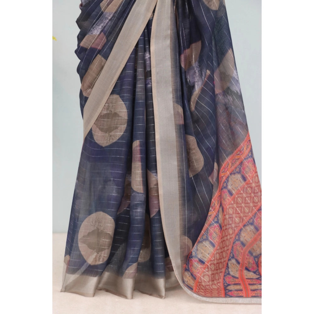 Women's Linen Digital Print Saree With Unstitched Blouse 5.5Mtr (Blue)