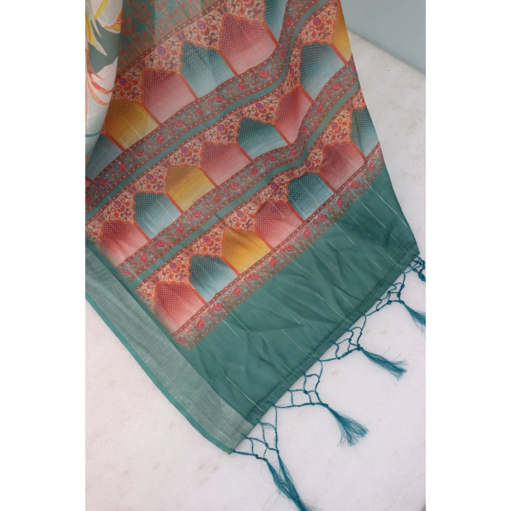 Women's Linen Digital Print Saree With Unstitched Blouse 5.5Mtr (Green)