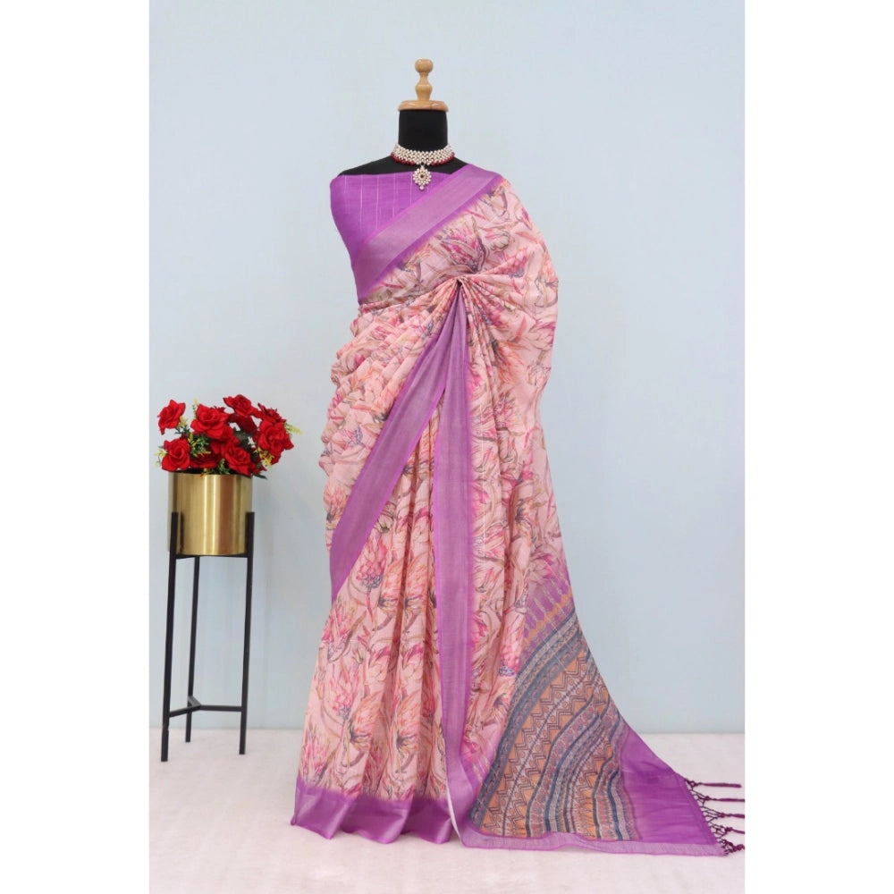 Women's Linen Digital Print Saree With Unstitched Blouse 5.5Mtr (Purple)