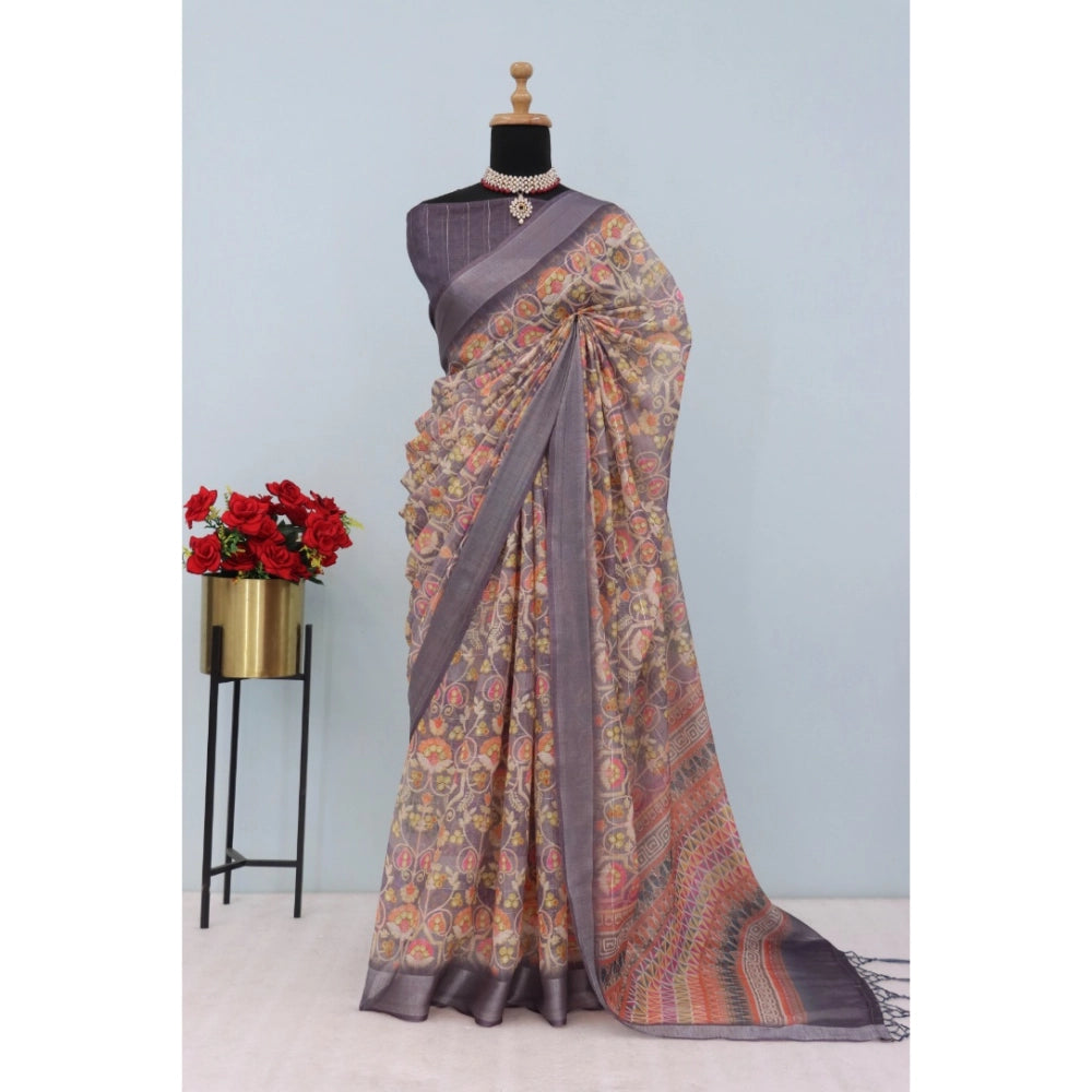 Women's Linen Digital Print Saree With Unstitched Blouse 5.5Mtr (Grey)