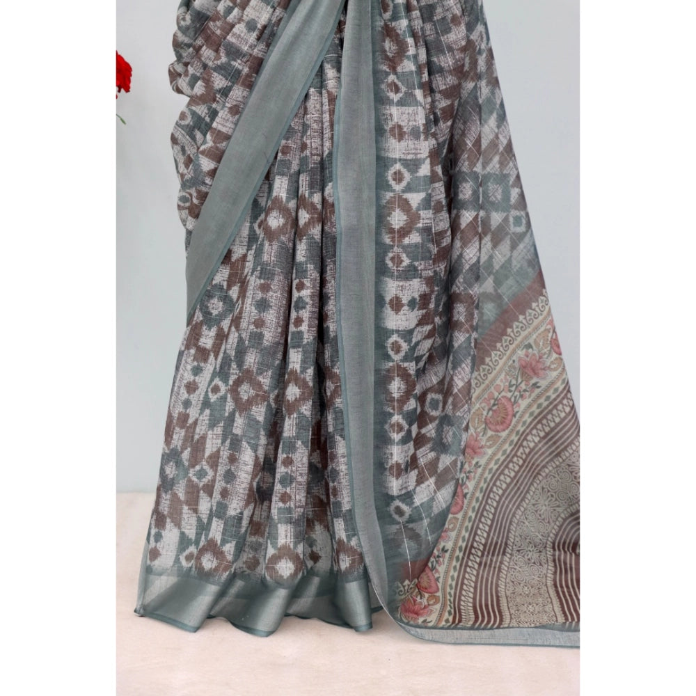 Women's Linen Digital Print Saree With Unstitched Blouse 5.5Mtr (Grey)