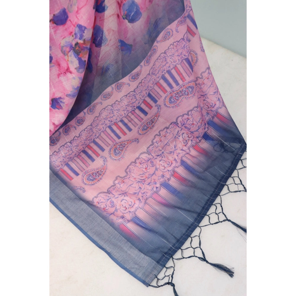 Women's Linen Digital Print Saree With Unstitched Blouse 5.5Mtr (Multicolor)