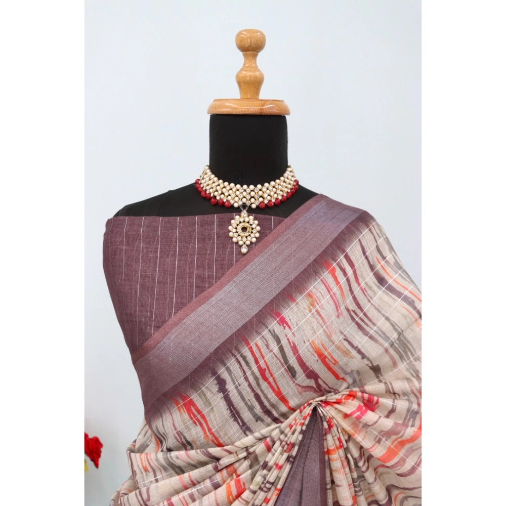Women's Linen Digital Print Saree With Unstitched Blouse 5.5Mtr (Grey)