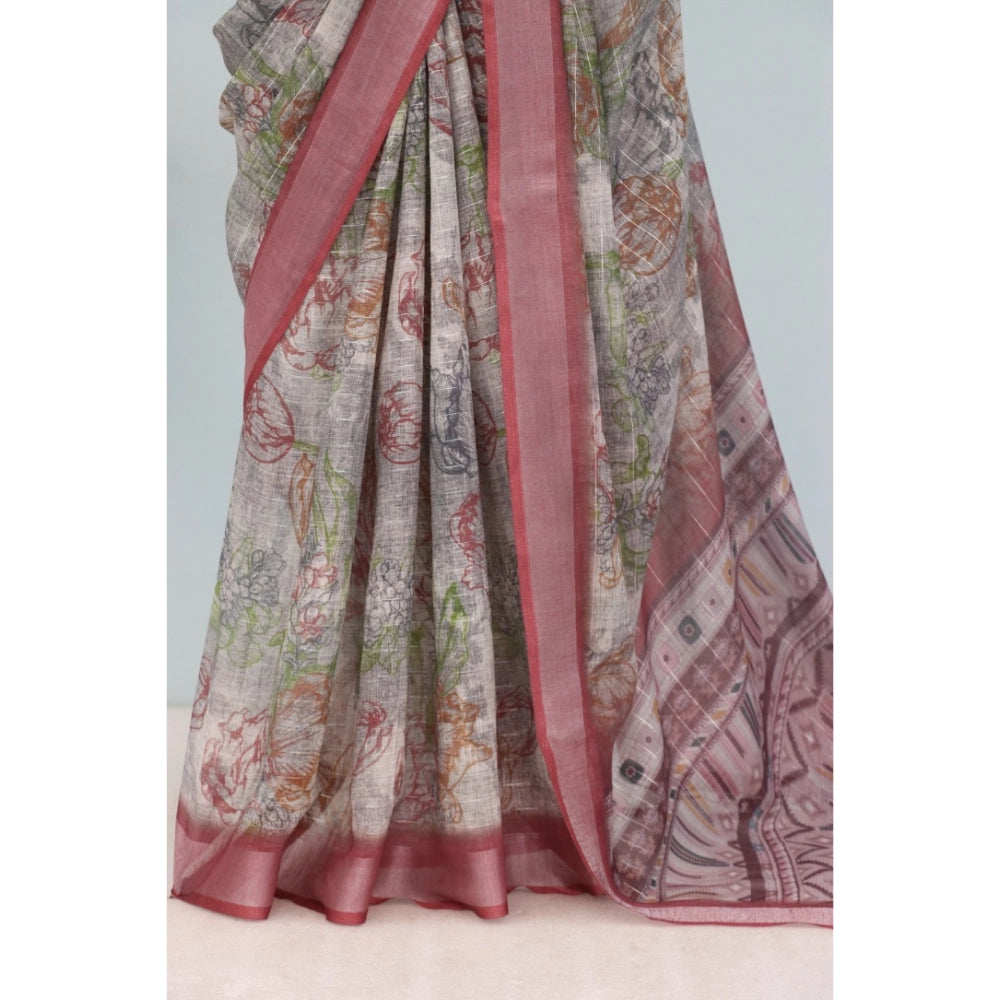 Women's Linen Digital Print Saree With Unstitched Blouse 5.5Mtr (Multicolor)