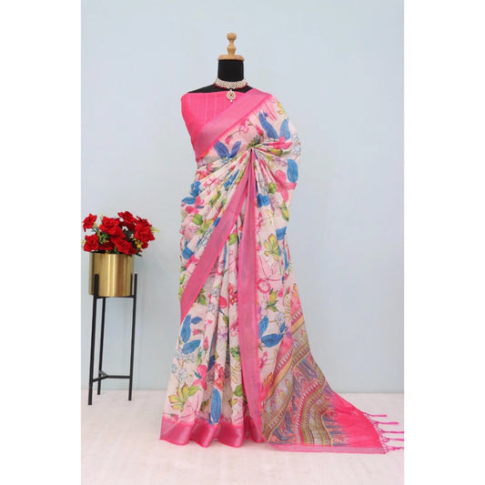 Women's Linen Digital Print Saree With Unstitched Blouse 5.5Mtr (pink)