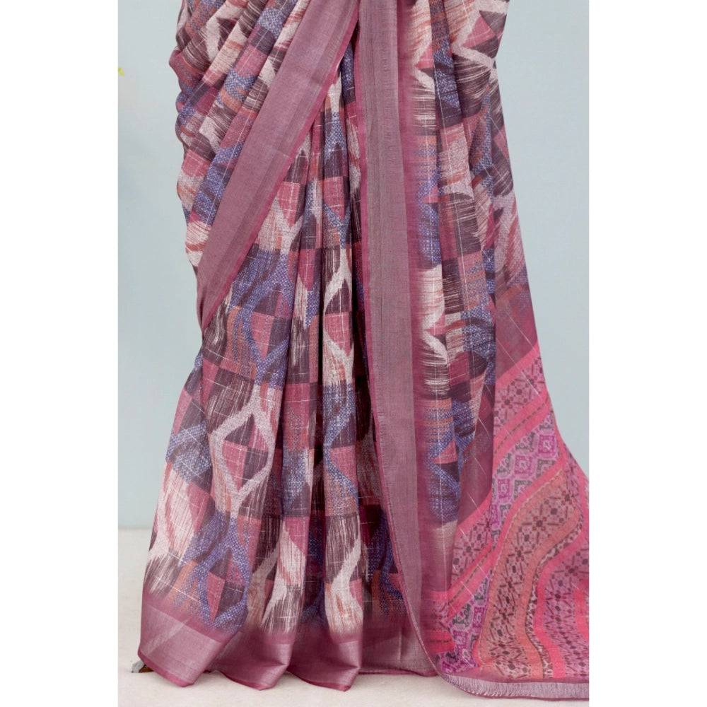 Women's Linen Digital Print Saree With Unstitched Blouse 5.5Mtr (Pink)