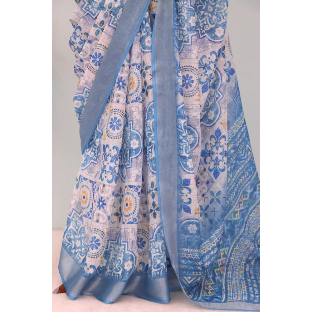 Women's Linen Digital Print Saree With Unstitched Blouse 5.5Mtr (Blue)