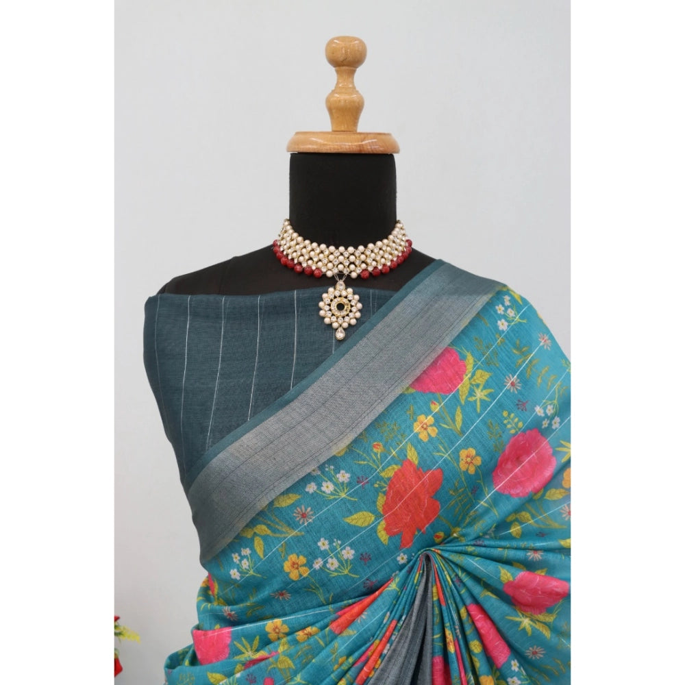 Women's Linen Digital Print Saree With Unstitched Blouse 5.5Mtr (Green)