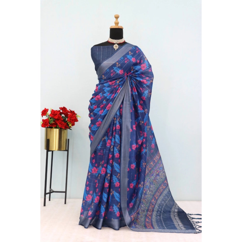Women's Linen Digital Print Saree With Unstitched Blouse 5.5Mtr (Blue)