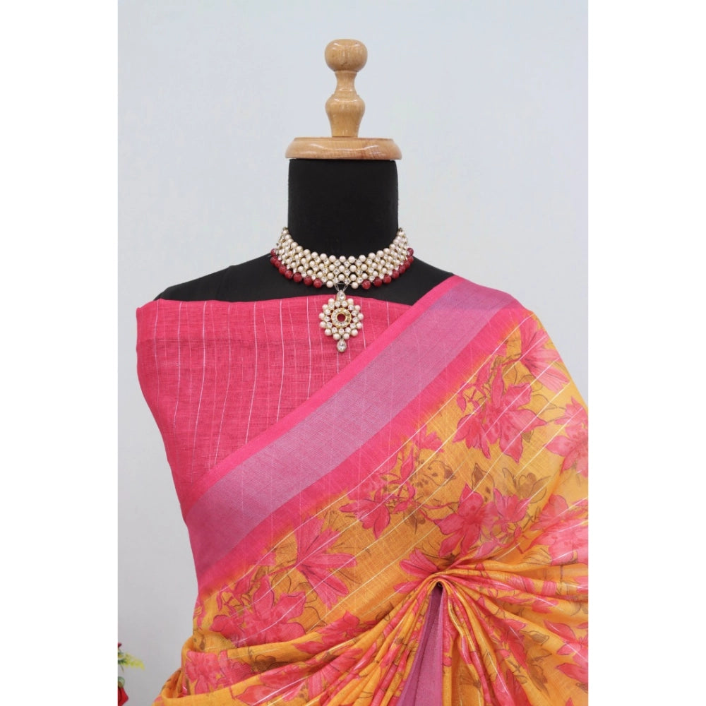 Women's Linen Digital Print Saree With Unstitched Blouse 5.5Mtr (Yellow)