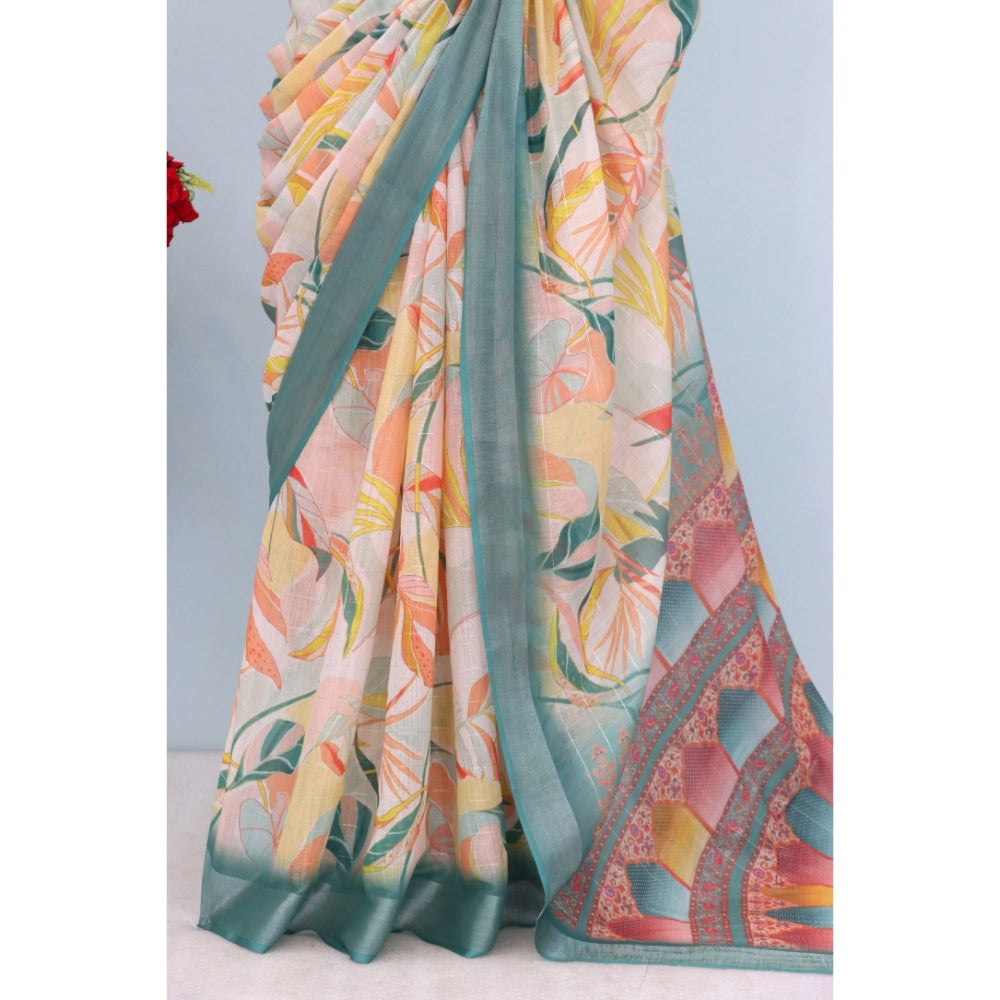 Women's Linen Digital Print Saree With Unstitched Blouse 5.5Mtr (Green)