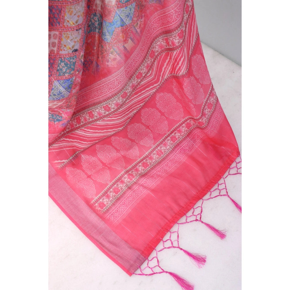 Women's Linen Digital Print Saree With Unstitched Blouse 5.5Mtr (Pink)