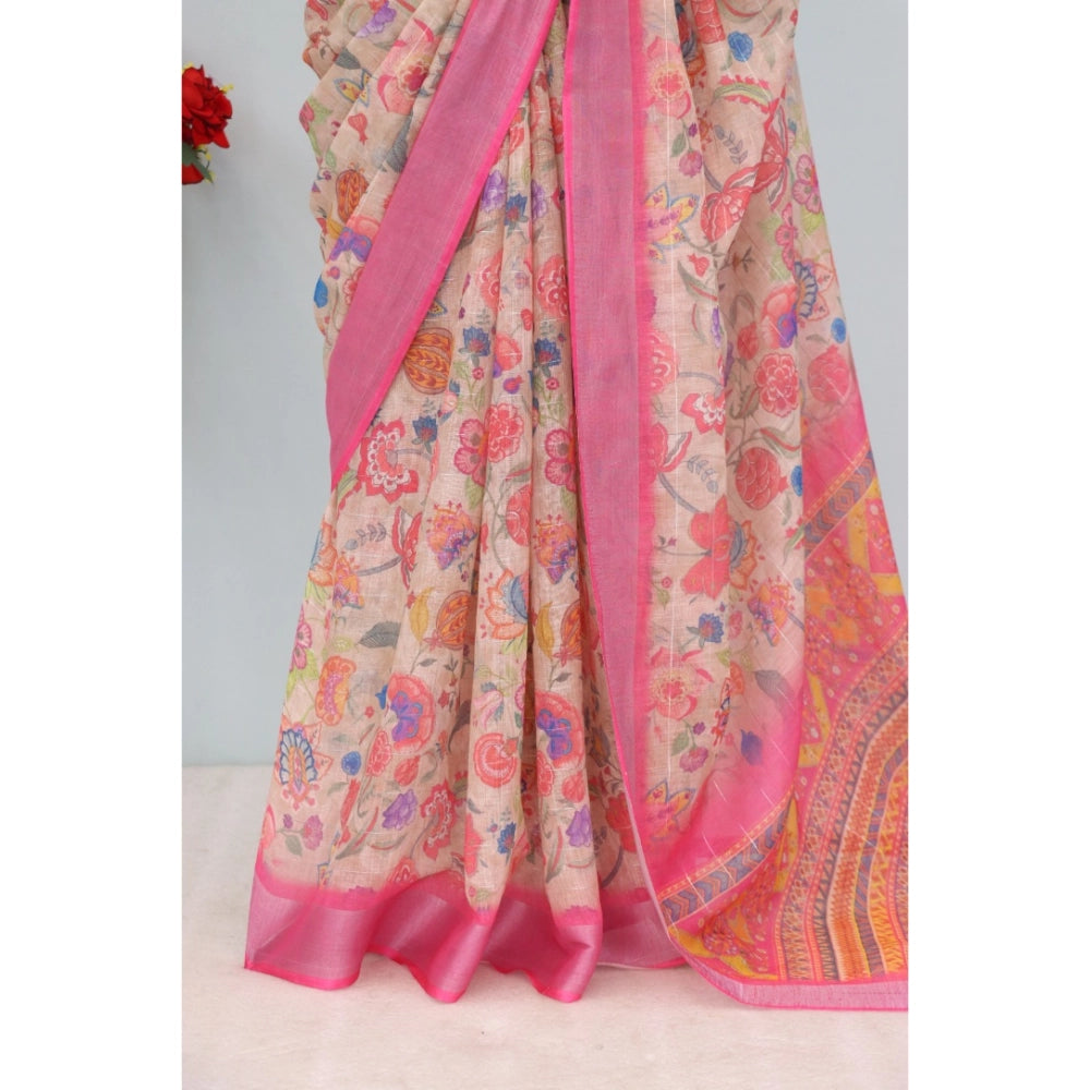 Women's Linen Digital Print Saree With Unstitched Blouse 5.5Mtr (Pink)
