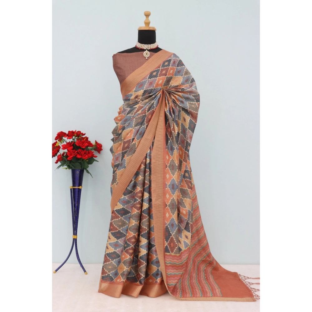 Women's Mysore Silk  Digital Print Saree With Unstitched Blouse 5.5Mtr (Brown)