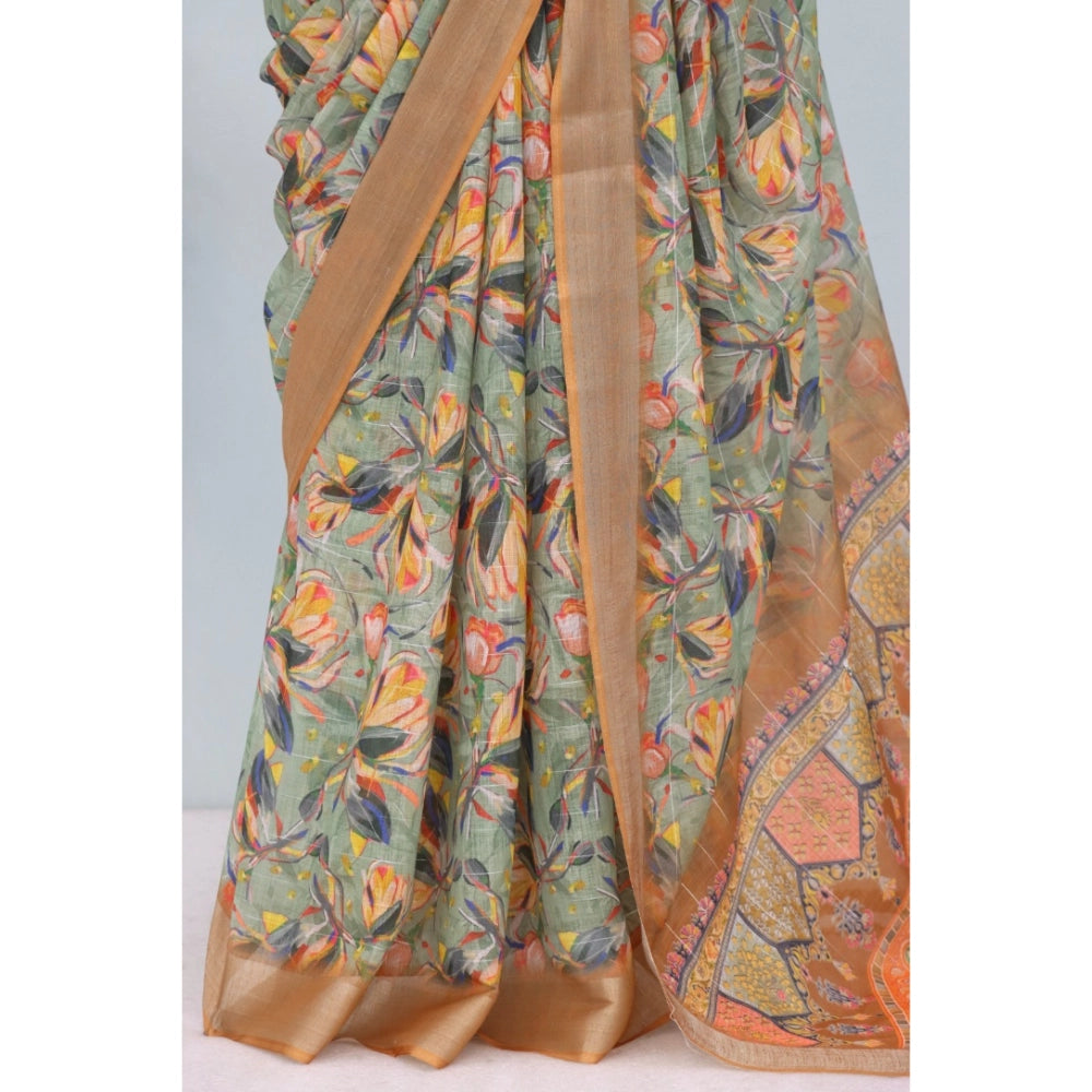 Women's Linen Digital Print Saree With Unstitched Blouse 5.5Mtr (Beige)