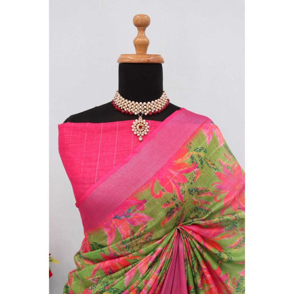 Women's Linen Digital Print Saree With Unstitched Blouse 5.5Mtr (Green)