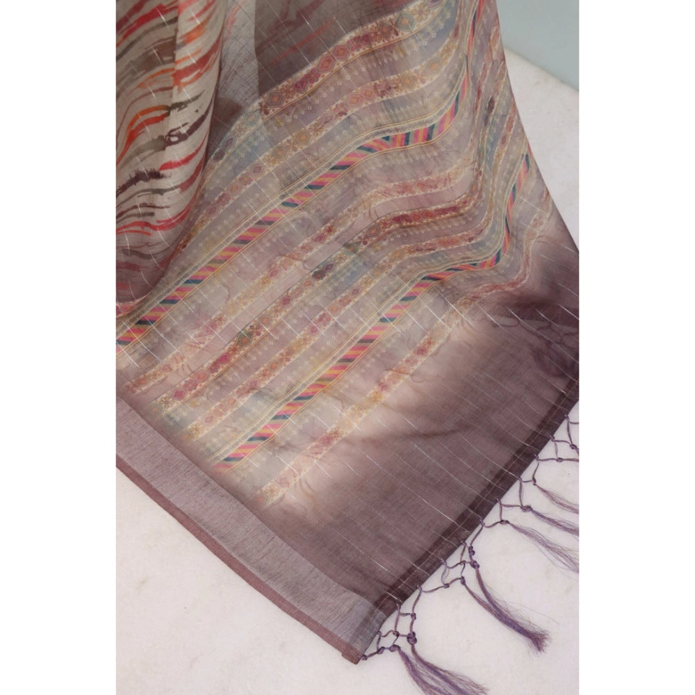 Women's Linen Digital Print Saree With Unstitched Blouse 5.5Mtr (Grey)