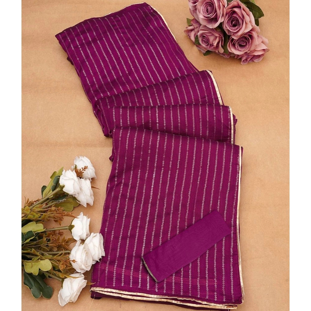 Women's Vichitra Silk Striped Saree With Unstitched Blouse 5.5Mtr (Purple)