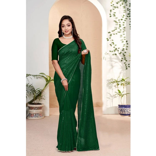 Women's Vichitra Silk Striped Saree With Unstitched Blouse 5.5Mtr (Green)