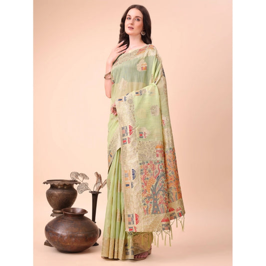 Women's Linen Cotton Printed Saree With Unstitched Blouse 5.5Mtr (Light Green)