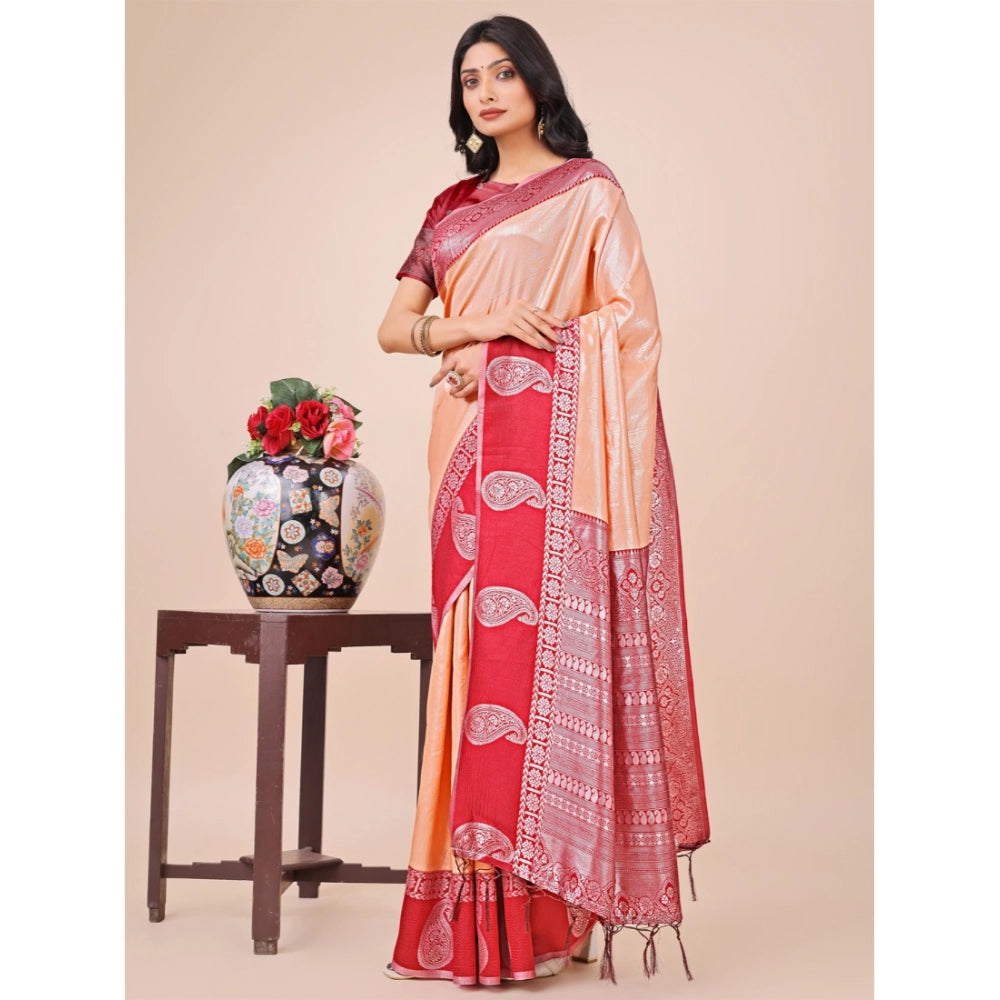 Women's Lichi Silk Printed Saree With Unstitched Blouse 5.5Mtr (Peach)