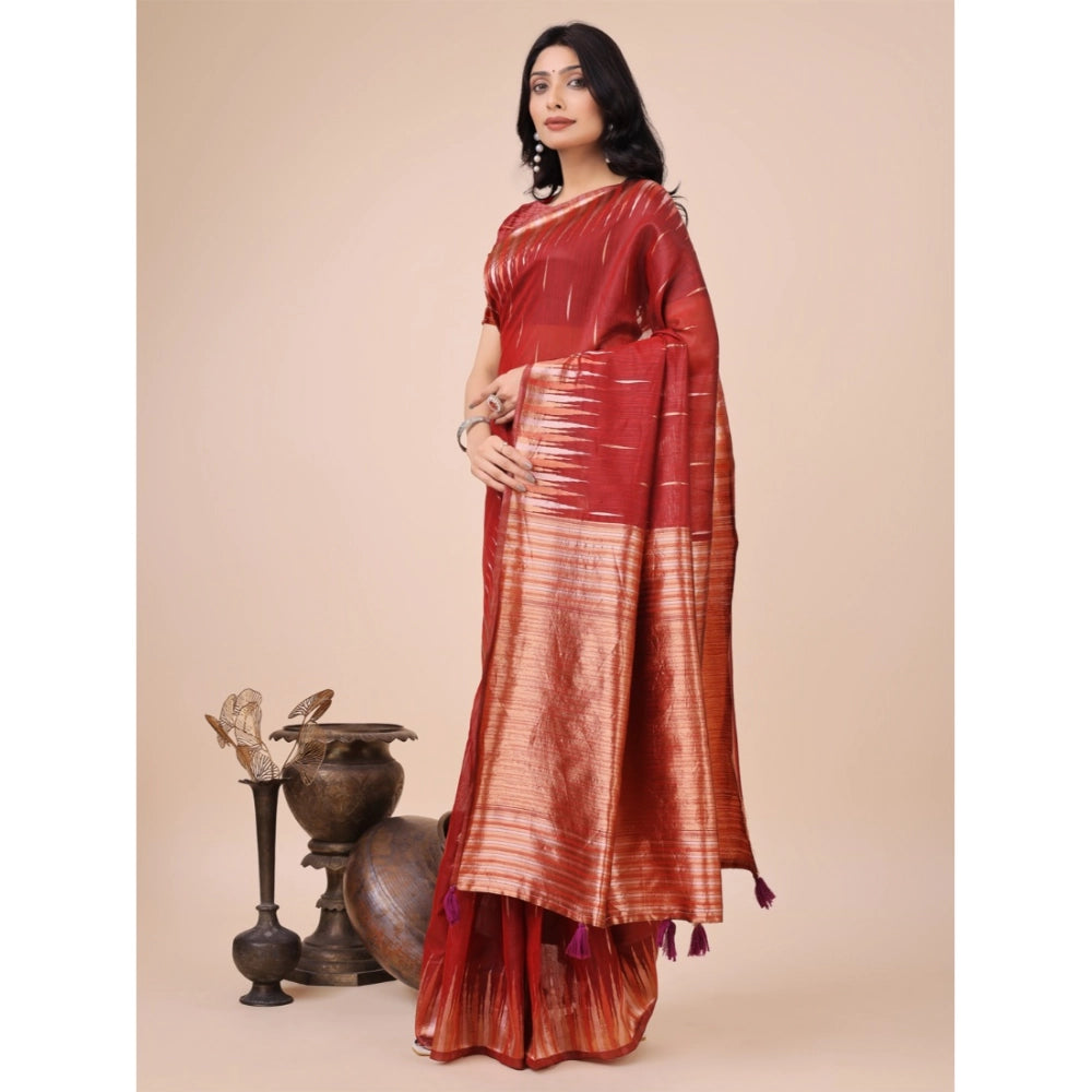 Women's Linen Cotton Printed Saree With Unstitched Blouse 5.5Mtr (Red)