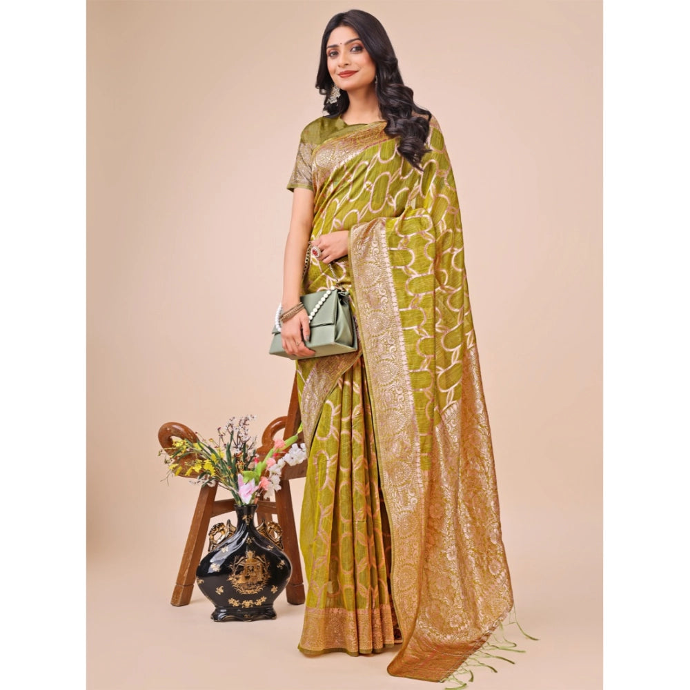 Women's Linen Cotton Printed Saree With Unstitched Blouse 5.5Mtr (Olive Green)