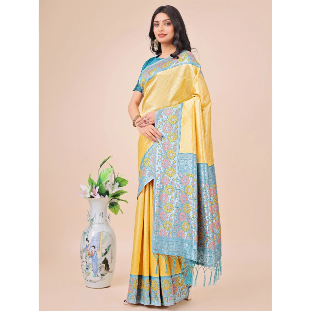 Women's Lichi Silk Printed Saree With Unstitched Blouse 5.5Mtr (Yellow)