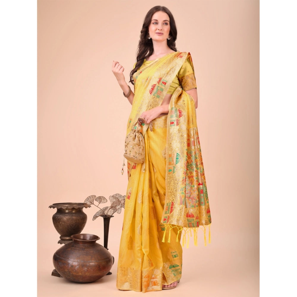 Women's Linen Cotton Printed Saree With Unstitched Blouse 5.5Mtr (Yellow)