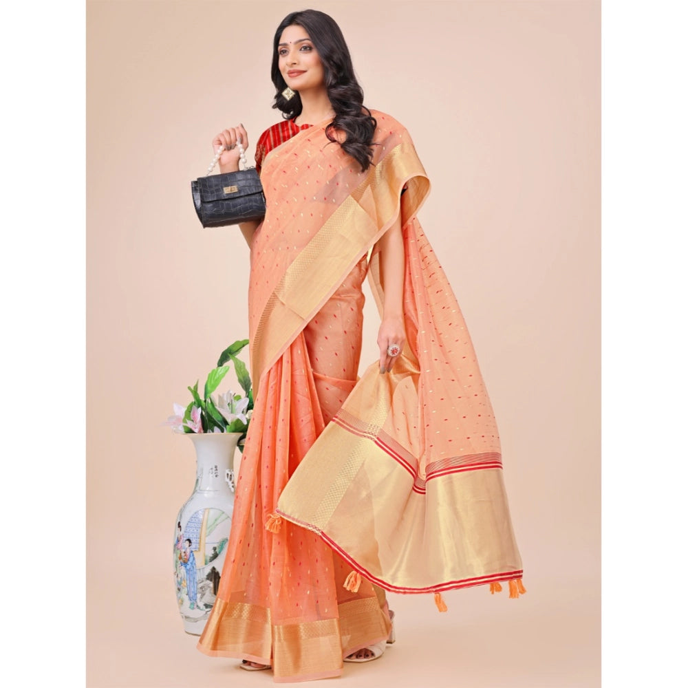 Women's Organza Printed Saree With Unstitched Blouse 5.5Mtr (Peach)