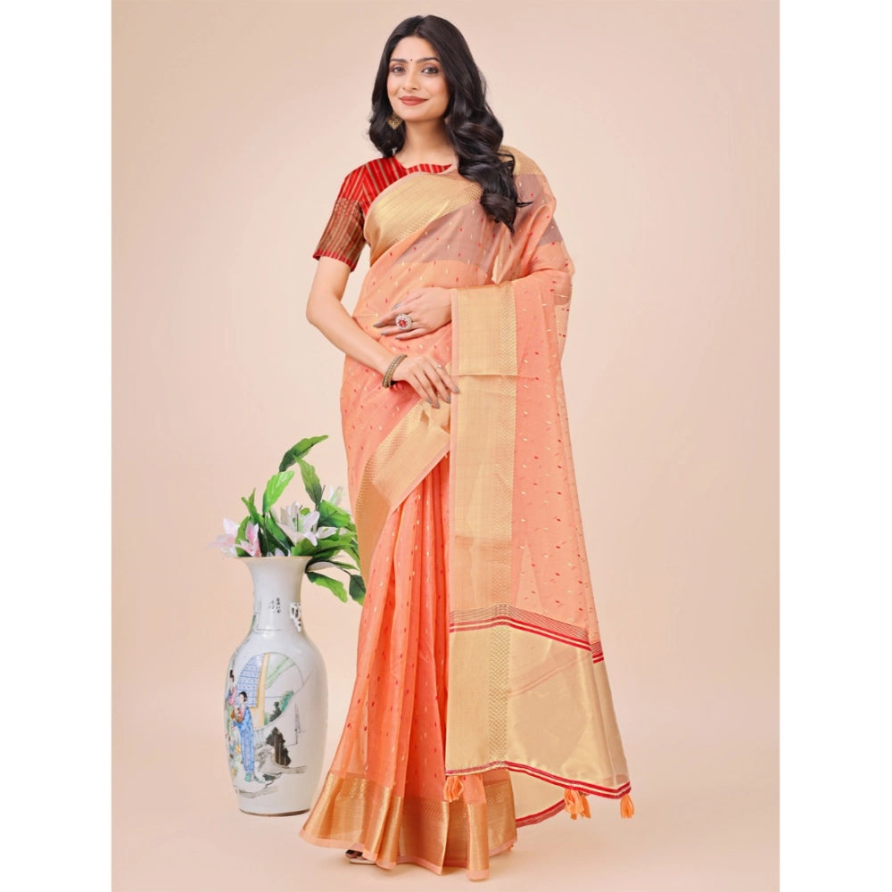 Women's Organza Printed Saree With Unstitched Blouse 5.5Mtr (Peach)