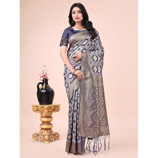 Women's Cotton Printed Saree With Unstitched Blouse 5.5Mtr (Navy Blue)