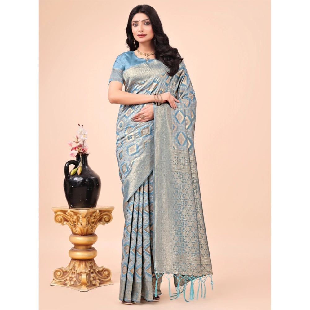 Women's Cotton Printed Saree With Unstitched Blouse 5.5Mtr (Sky Blue)