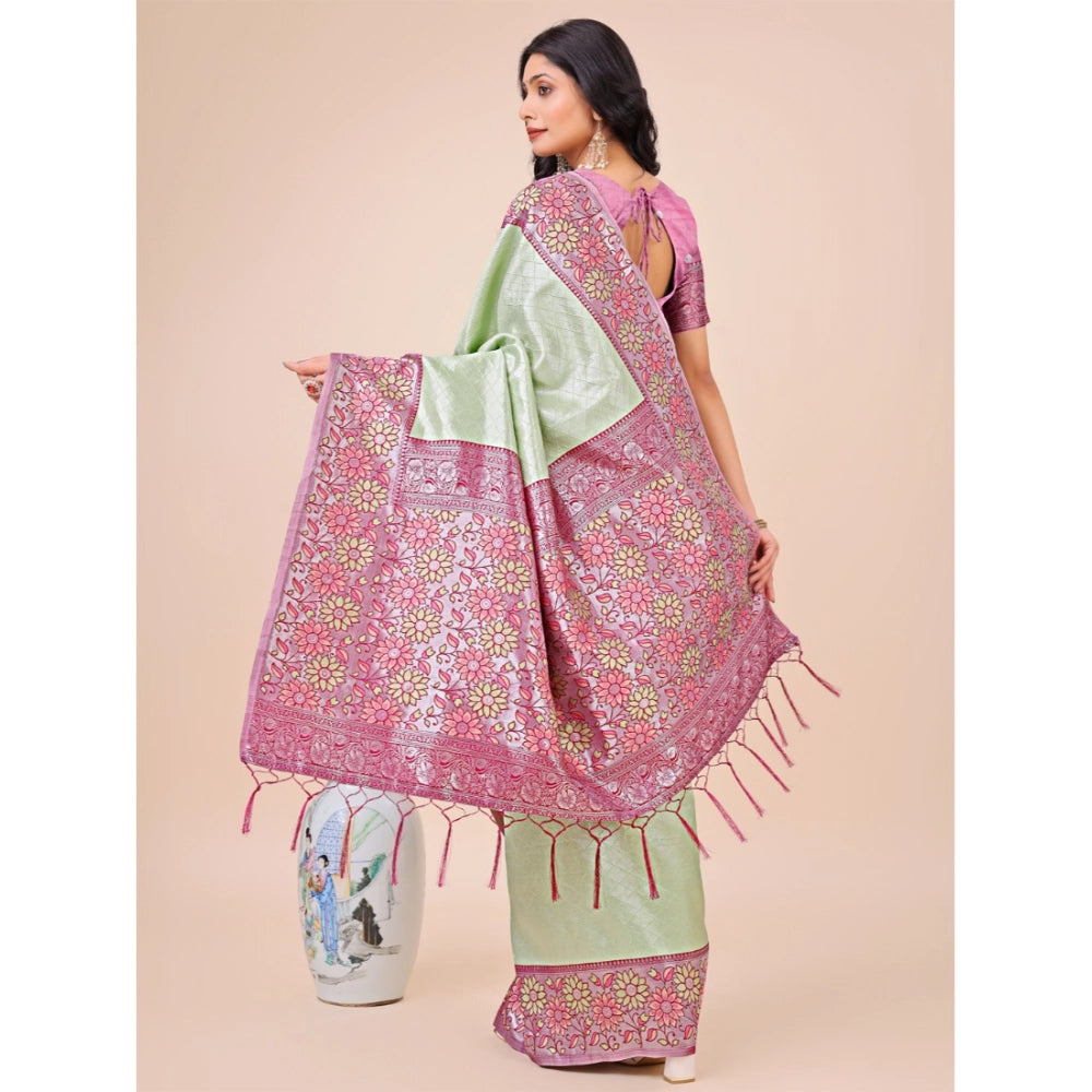 Women's Lichi Silk Printed Saree With Unstitched Blouse 5.5Mtr (Olive Green)