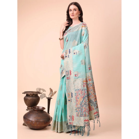 Women's Linen Cotton Printed Saree With Unstitched Blouse 5.5Mtr (Sky Blue)