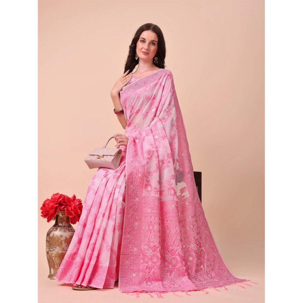 Women's Cotton Printed Saree With Unstitched Blouse 5.5Mtr (Pink)