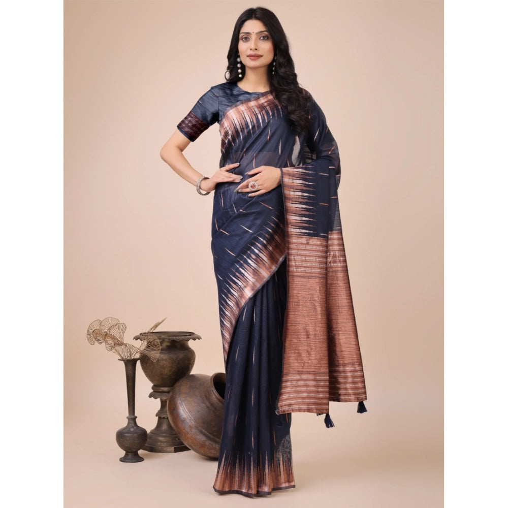 Women's Linen Cotton Printed Saree With Unstitched Blouse 5.5Mtr (Navy Blue)
