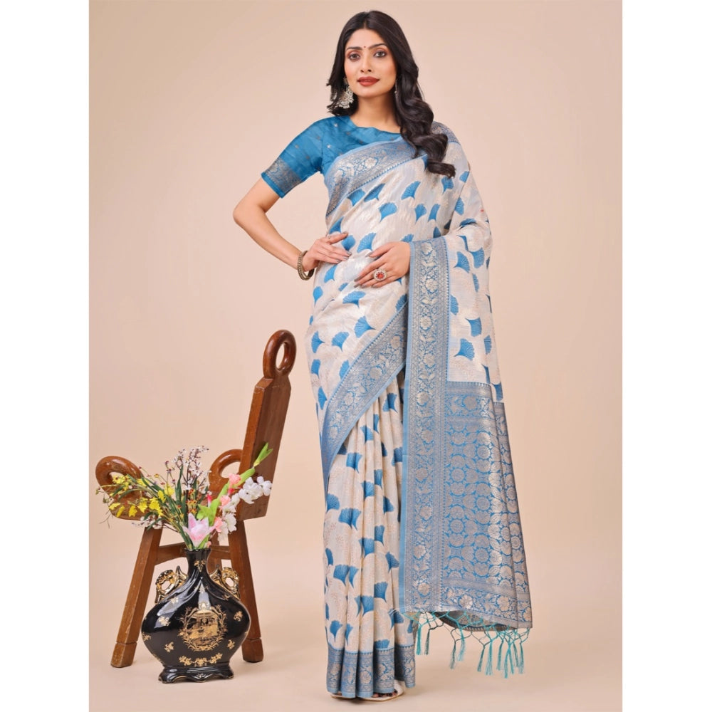 Women's Linen Cotton Printed Saree With Unstitched Blouse 5.5Mtr (Teal)