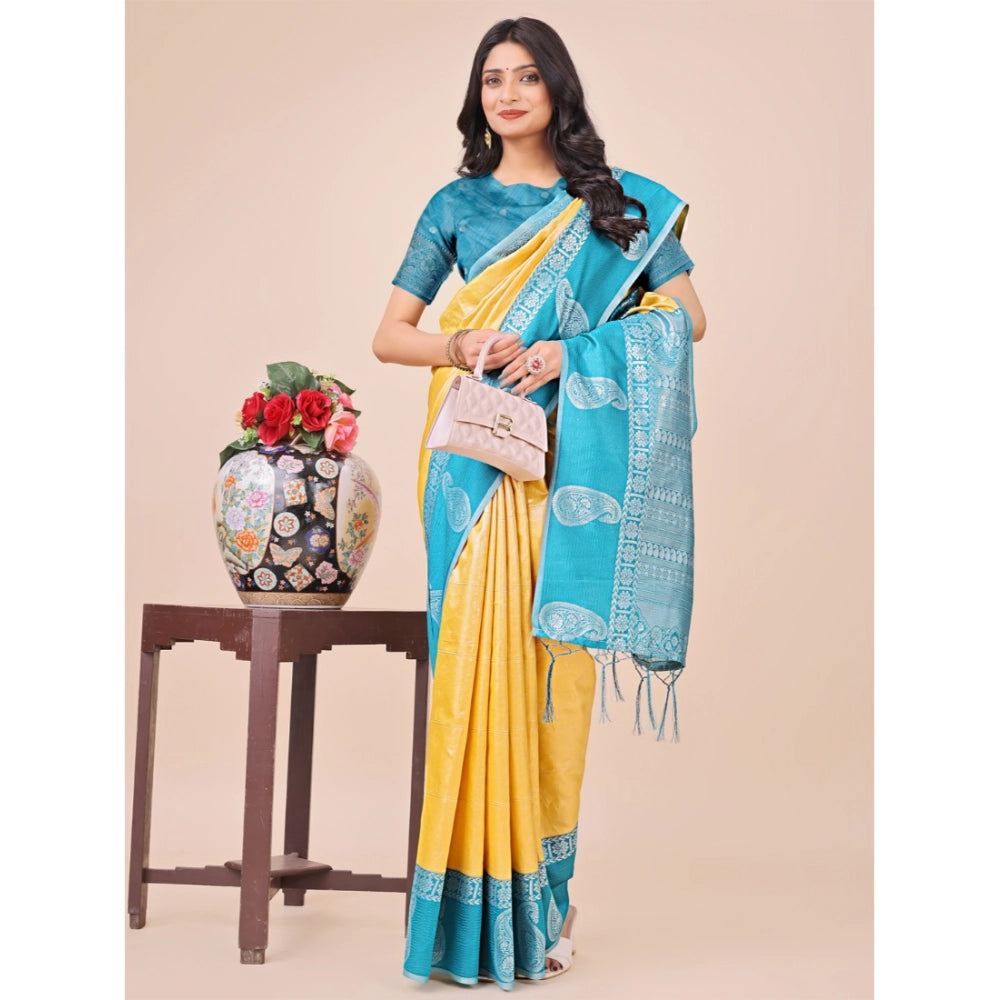 Women's Lichi Silk Printed Saree With Unstitched Blouse 5.5Mtr (Yellow)