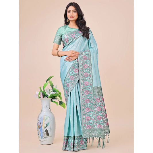 Women's Lichi Silk Printed Saree With Unstitched Blouse 5.5Mtr (Teal)