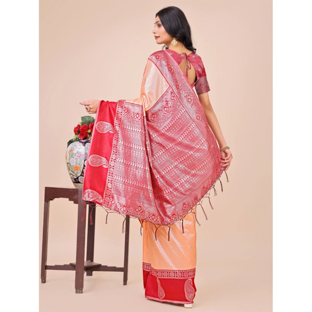 Women's Lichi Silk Printed Saree With Unstitched Blouse 5.5Mtr (Peach)