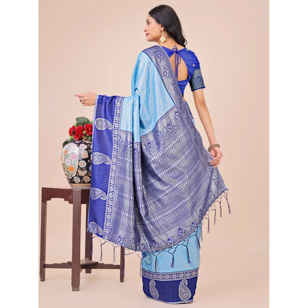 Women's Lichi Silk Printed Saree With Unstitched Blouse 5.5Mtr (Sky Blue)