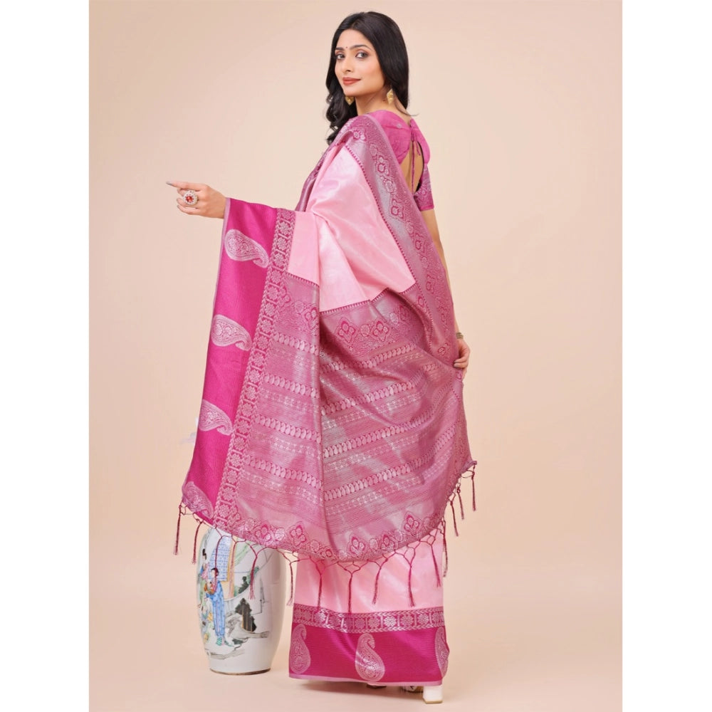 Women's Lichi Silk Printed Saree With Unstitched Blouse 5.5Mtr (Light Pink)