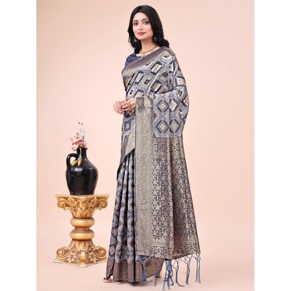 Women's Cotton Printed Saree With Unstitched Blouse 5.5Mtr (Navy Blue)