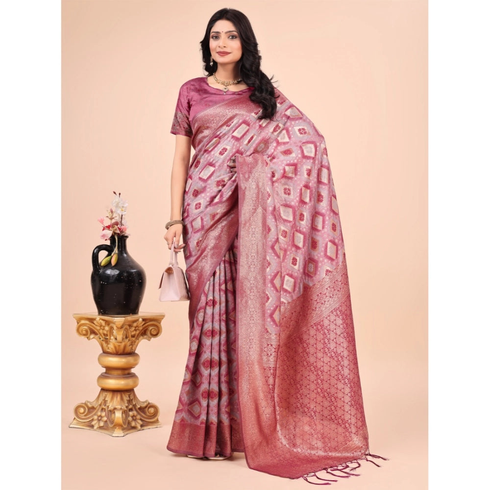 Women's Cotton Printed Saree With Unstitched Blouse 5.5Mtr (Pink)